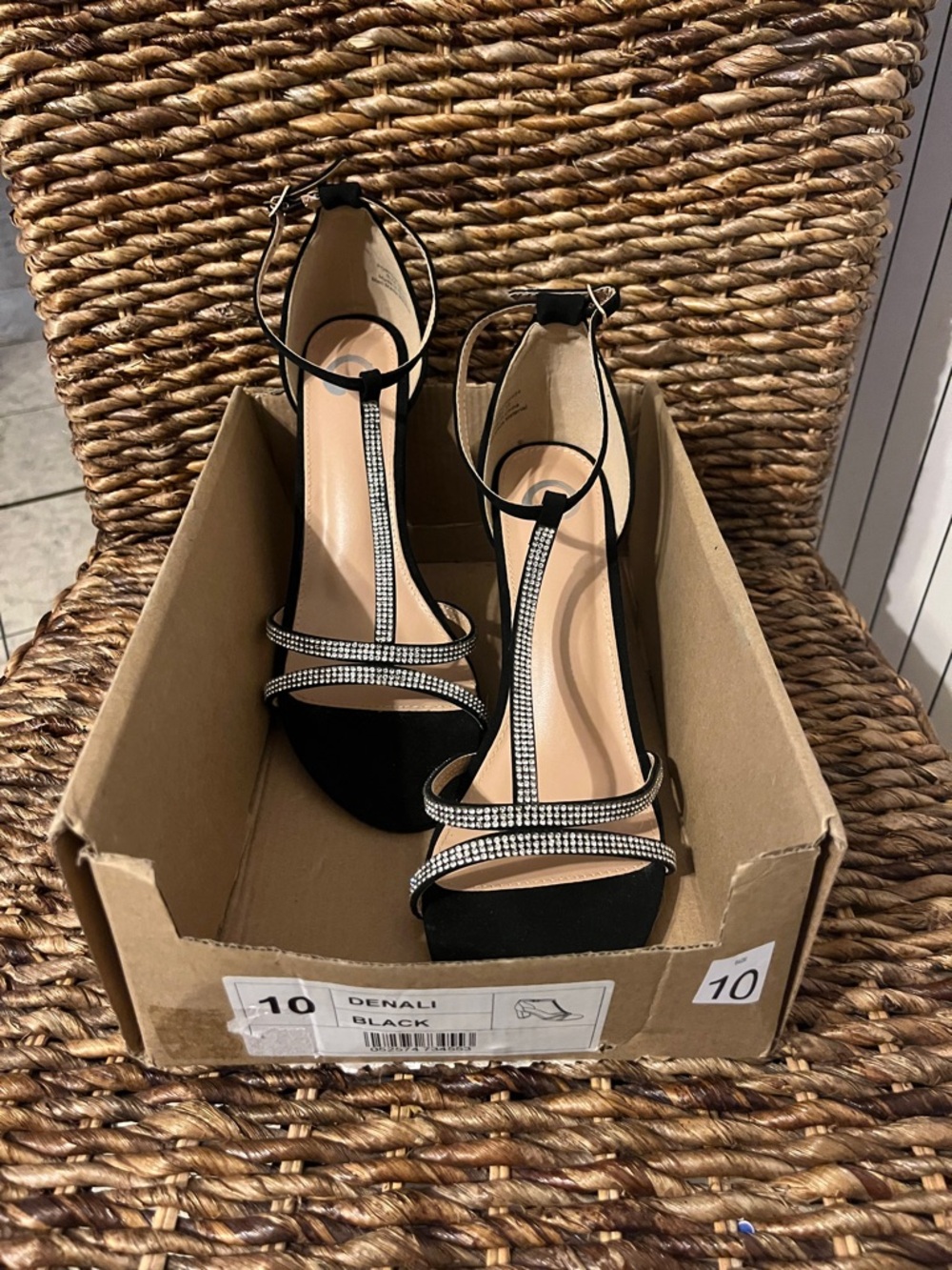 Denali Black T-Strap Rhinestone Evening Heels - Women's
